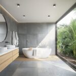 Grey concrete tiled bathroom with opening to a jungle garden a round mirror and a bathtub